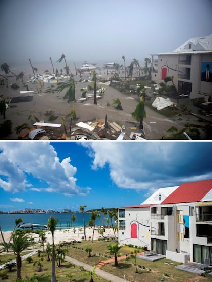 La fotografía de arriba muestra el hotel Mercure en Marigot rodeado de agua y escombros en la isla caribeña de San Martín el 6 de septiembre de 2017 después del paso del huracán Irma. Debajo, una imagen del hotel reconstruido el 27 de febrero de 2018.
