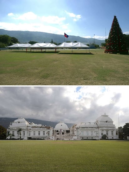 Lloc on es trobava el Palau Nacional d'Haití a Port-au-Prince el 29 de desembre de 2014 (a dalt) i l'edifici destruït, el 13 de gener del 2010, un dia després del terratrèmol.