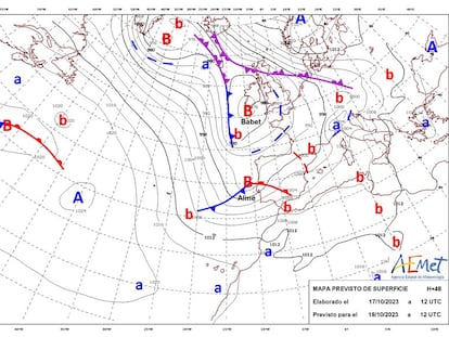 La borrasca 'Aline', dibujada en el mapa de superficie de Aemet para el jueves rozando la Península mientras se aleja 'Babet'.