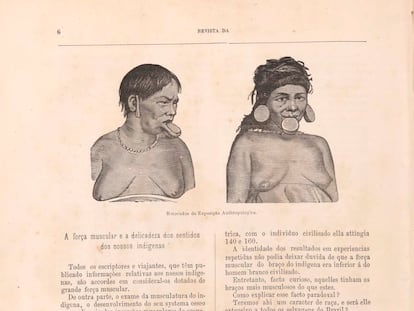 Uma ilustração retrata dois indígenas expostos no Rio de Janeiro, em 1882, no catálogo da exposição do Museu Nacional.