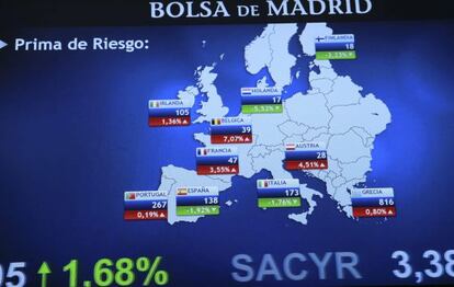 Paneles de la bolsa de Madrid que muestran.