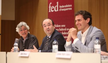 De izquierda a derecha, Albert Miralles (EUiA), Miquel Iceta (PSC) y Albert Rivera (Ciudadanos)