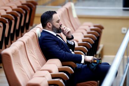 El líder de Vox, Santiago Abascal, este jueves en la sesión de control al ejecutivo regional en la Asamblea de Madrid.