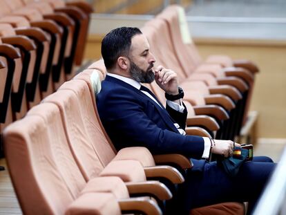 El líder de Vox, Santiago Abascal, este jueves en la sesión de control al ejecutivo regional en la Asamblea de Madrid.