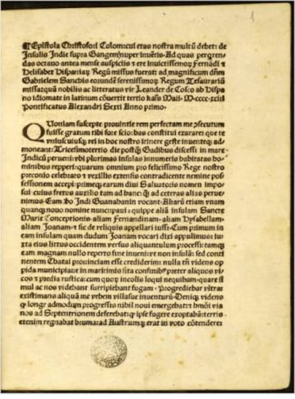 Primer full de la carta de Colom del 1493.