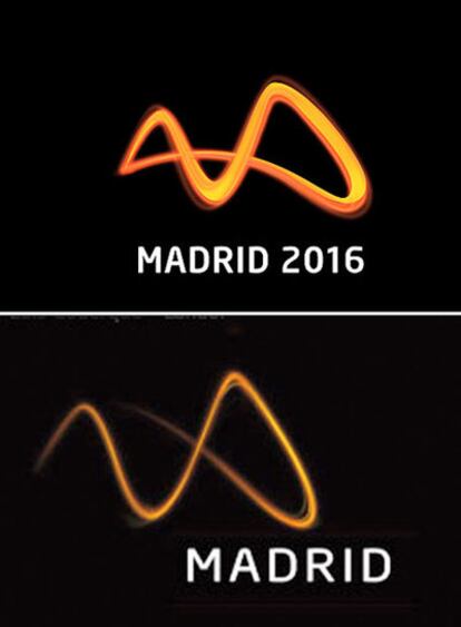 Arriba, el logo de Madrid 16 eliminado ayer; debajo, el que pujó en otro concurso del Ayuntamiento en 2005.