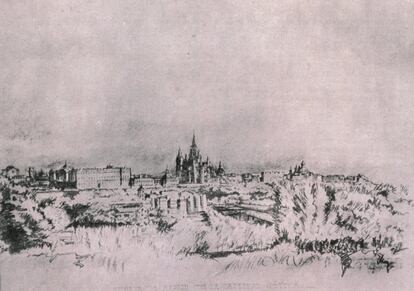 Dibujo de la silueta de la catedral neogótica de Madrid junto al Palacio Real, tal y como se verían desde el noroeste. 