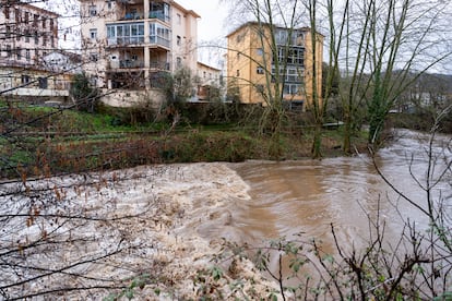 Crecida del caudal del río Fluvià a su paso por Olot (Girona), este domingo. 