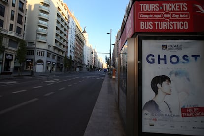 Madrid's normally busy Gran Vía, nearly deserted on Friday after 13 days of lockdown.