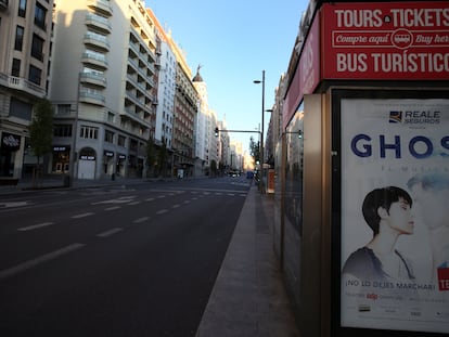 Madrid's normally busy Gran Vía, nearly deserted on Friday after 13 days of lockdown.