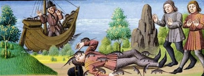 An image showing rats devouring a corpse from the 15th-century history encyclopedia ‘Le Miroir Historial,’ preserved in France’s Condé Museum.