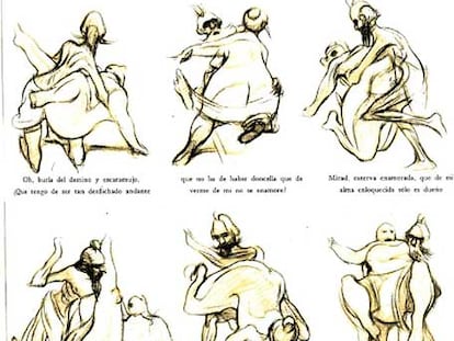 Don Quijote y la criada Maritornes dibujados por Carlos Nine.