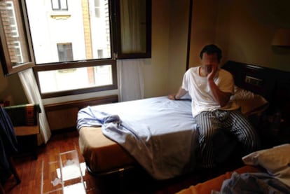 Walid Ibrahim Abu Hijazi in the hotel room where he lived during his first months of freedom in Spain.