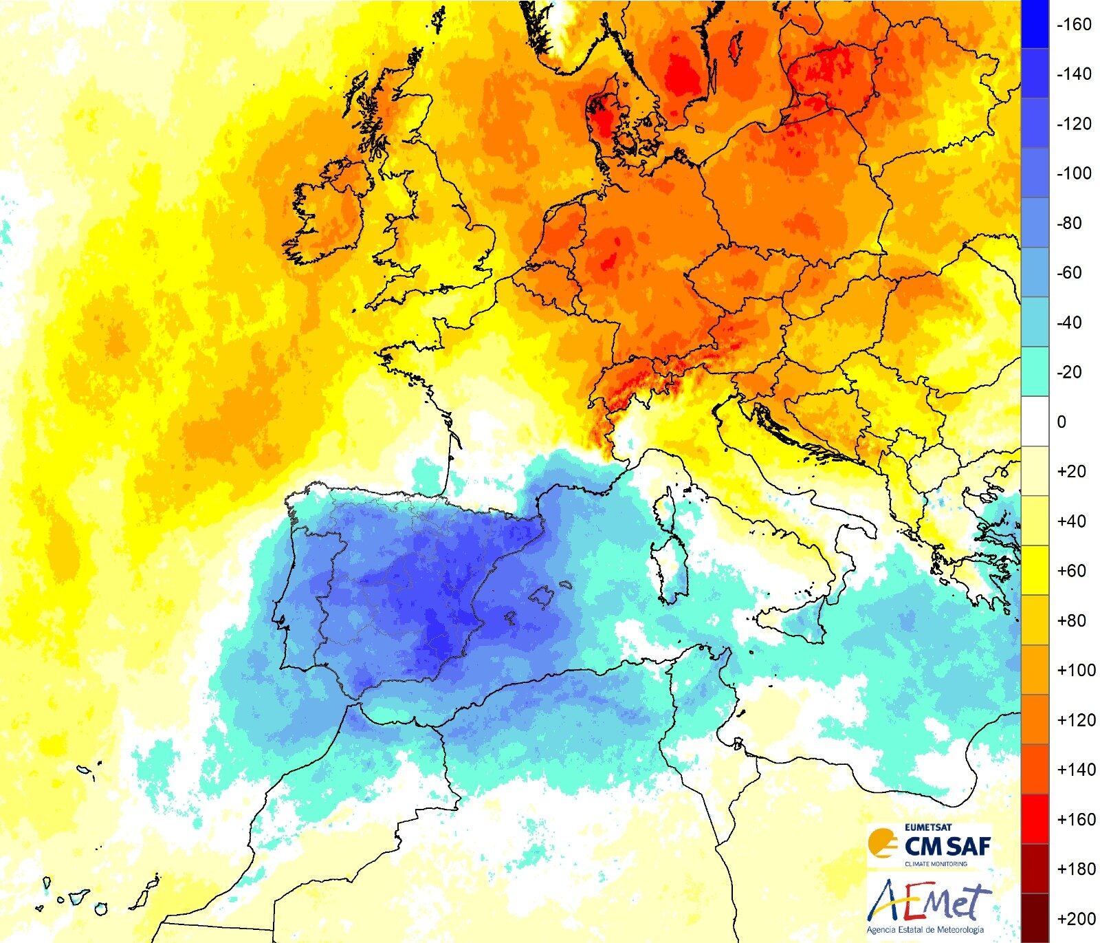 Mapa de anomalías de horas de sol en marzo en Europa.