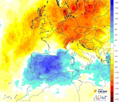 Mapa de anomalías de horas de sol en marzo en Europa.