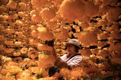 Una mujer hace fotos de la instalación artística 'A Golden Year'  realizada con 8.000 peonias y crisantemos, este jueves en Hong Kong.