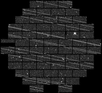 Una veintena de satélites Starlink fotografiados en noviembre de 2019 en el Observatorio Interamericano Cerro Tololo (CTIO) por los astrónomos Clara Martínez-Vázquez y Cliff Johnson.