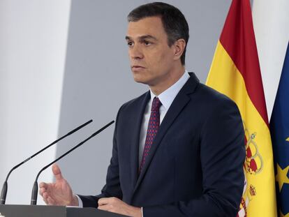 El presidente del Gobierno, Pedro Sánchez, durante su comparecencia en la Moncloa, este sábado.