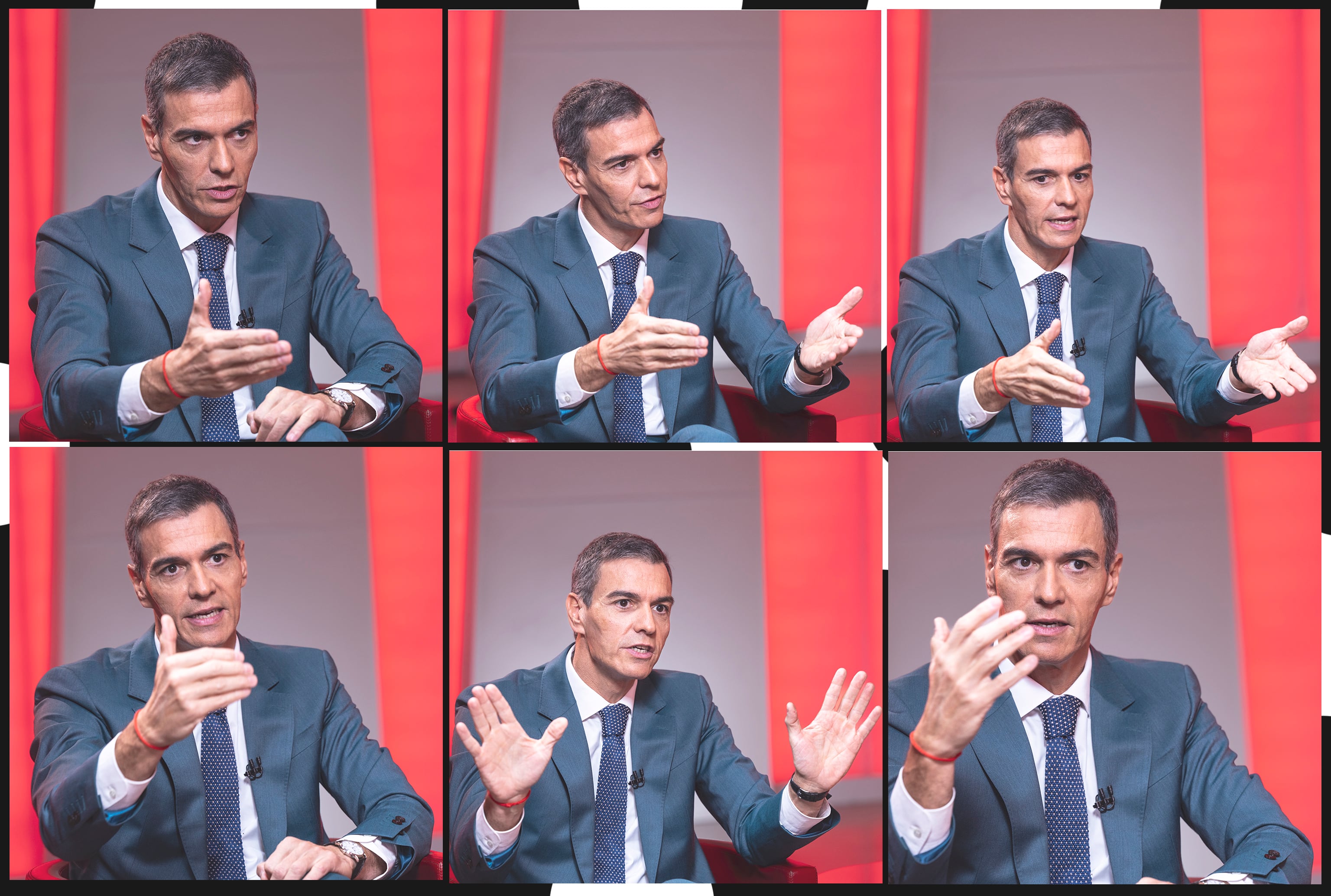 El presidente del Gobierno, Pedro Sánchez, en distintos momentos de la entrevista con EL PAÍS en Ferraz este viernes.