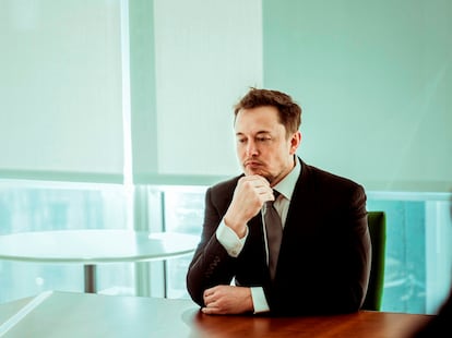 Elon Musk photographed at The New York Times building in 2016.