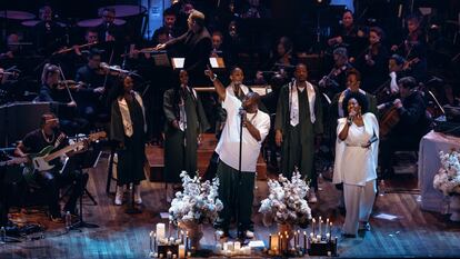 Rapper Killer Mike, on May 21, on stage at the Kennedy Center Symphony Hall, accompanied by the National Symphony Orchestra.