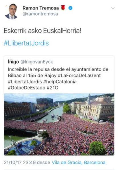 Imatge d'una celebració de l'Athletic de Bilbao compartida per Tremosa com a manifestació contra l'article 155.