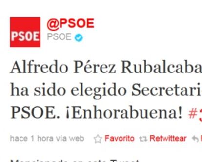 El PSOE felicita a Rubalcaba en Twitter.