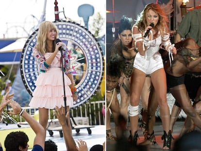 Miley Cyrus actuando como Hannah Montana en 2009, y, a la derecha, su aspecto solo un año después. La cantante y actriz sorprendió a sus seguidores (así como a los padres de sus fans más pequeños) con un cambio tanto musical como estilístico.