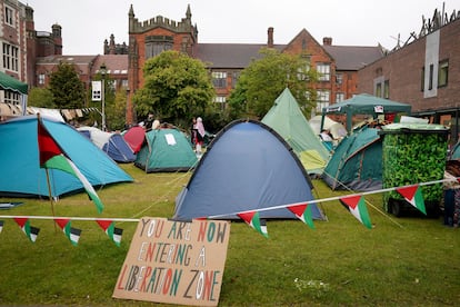 Campamento propalestino en el campus de la Universidad de Newcastle, el jueves.