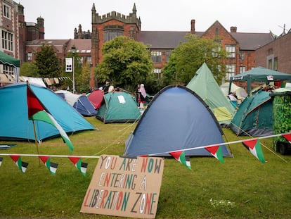 Campamento propalestino en el campus de la Universidad de Newcastle, el jueves.