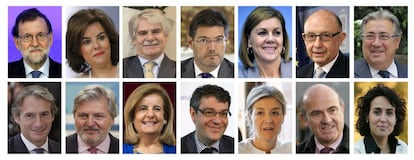 Combo del presidente del Gobierno,Mariano Rajoy, junto a sus ministros del nuevo Gobierno. De izda a dcha, de arriba a abajo: Mariano Rajoy, presidente del Gobierno; Soraya Sáenz de Santamaría, vicepresidenta del Gobierno y ministra de la Presidencia y para las Administraciones Territoriales; Alfonso Dastis Quecedo, Exteriores y de Cooperación; Rafael Catalá Polo, Justicia; María Dolores de Cospedal, Defensa; Cristóbal Montoro, Hacienda y Función Pública; Juan Ignacio Zoido Álvarez, Interior; Íñigo de la Serna Hernáiz, Fomento; Íñigo Méndez de Vigo, Educación, Cultura y Deporte y portavoz del Gobierno; Fátima Báñez, Empleo y Seguridad Social; Álvaro Nadal Belda, Energía, Turismo y Agenda Digital; Isabel García Tejerina, Agricultura, Pesca y Alimentación y Medio Ambiente; Luis de Guindos, Economía, Industria y Competitividad, y Dolors Montserrat Montserrat, Sanidad, Servicios Sociales e Igualdad. EFE/