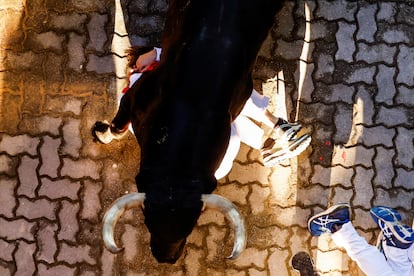 Un toro pasa por encima de un corredor, este lunes a su paso por la calle Estafeta. 