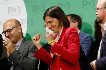 Eli Schlein celebrates the results at Democratic Party headquarters in Rome.