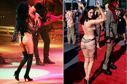 Cher, fanática del tanga y Rose Mcgobwan en su posado histórico de los MTV VMA Awards con Marilyn Manson.