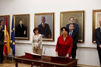Toma de posesión de la socióloga Soledad Murillo como secretaria de Estado de Igualdad el 12 de junio de 2018 en el Palacio de la Moncloa y en presencia de la vicepresidenta del Gobierno Carmen Calvo