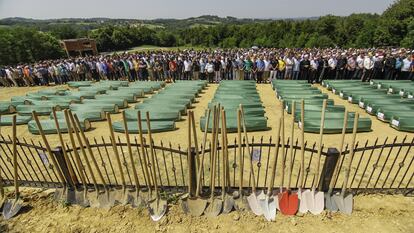 A burial of 284 victims who were found in a mass grave in Tomasica, Bosnia, in June of 2014