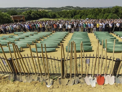 A burial of 284 victims who were found in a mass grave in Tomasica, Bosnia, in June of 2014