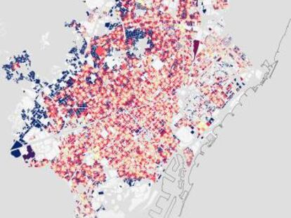 Mapa que reflecteix la distància mitjana a serveis essencials a cada punt de Barcelona.