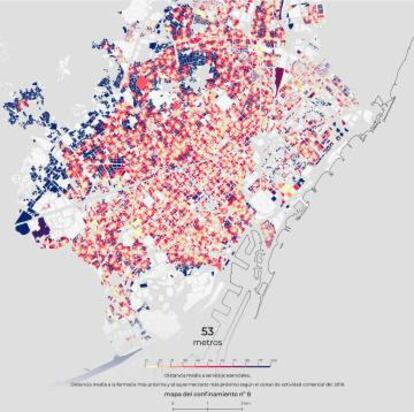 Mapa que reflecteix la distància mitjana a serveis essencials a cada punt de Barcelona.