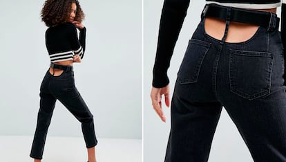 Tras el revuelo Vetements, Asos es la última firma en presentar los vaqueros de la discordia. La británica ha puesto a la venta unos pantalones negros con abertura en esa "tierra de nadie" en la que la espalda comienza a perder su nombre. Una versión algo más recatada y barata que la de Vetements: cuestan unos 50 euros.