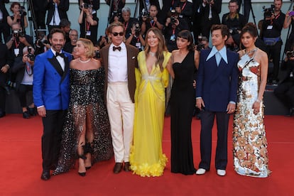 Gemma Chan, from right, Harry Styles, Sydney Chandler, director Olivia Wilde, Chris Pine, Florence Pugh and Nick Kroll