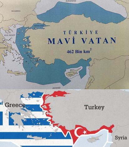 (Imagen superior) Mapa "Mavi Vatan" que refleja las aspiraciones maximalistas de Turquía en los mares Egeo y Mediterráneo. (Imagen inferior) Mapa de las Zonas Económicas Exclusivas del Egeo y Mediterráneo, según las exigencias griegas. / CEDIDAS