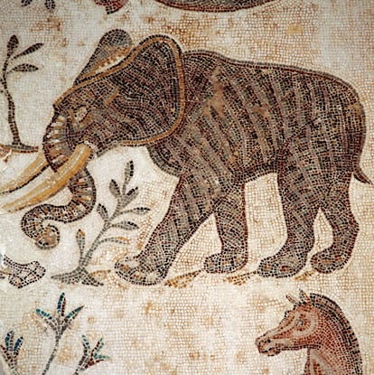 A battle elephant depicted in a mosaic on display in the Bardo Museum in Tunisia.