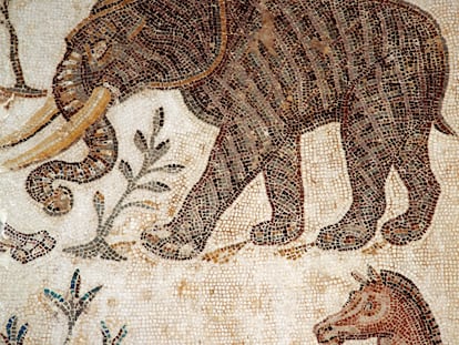A battle elephant depicted in a mosaic on display in the Bardo Museum in Tunisia.