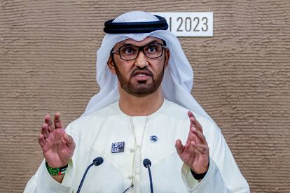 resident-Designate of COP28 and UAE's Minister for Industry and Advanced Technology Dr. Sultan Ahmed Al Jaber speaks to journalists during the 2023 United Nations Climate Change Conference (COP28) in Dubai, UAE, 10 December 2023.