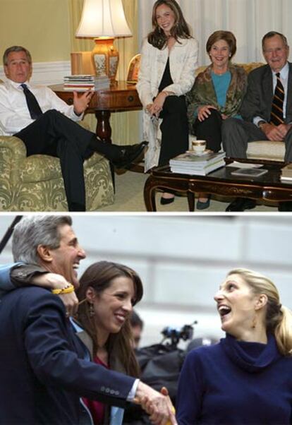 George W. Bush espera resultados con su familia en la Casa Blanca. A la derecha, su padre, el ex presidente Bush. En la foto de abajo, John Kerry, con sus hijas Vanessa (derecha) y Alexandra tras depositar el voto en Boston.
