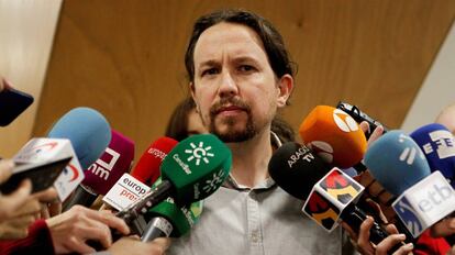 El secretario general de Podemos, Pablo Iglesias, al finalizar la reuni&oacute;n del Consejo Ciudadano de Podemos en Madrid, el pasado 13 de enero. 