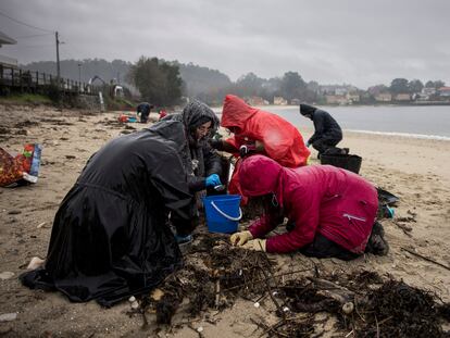 Voluntarios limpian la zona de pellets que siguen apareciendo en la playa de Muros (A Coruña), el pasado 13 de enero.