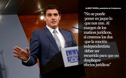 El presidente del Gobierno, Mariano Rajoy, se ha reunido este viernes con el líder de Ciudadanos, Albert Rivera, y el de Podemos, Pablo Iglesias, convocados, junto a PSOE, UPyD, IU y Unió, para estudiar medidas contra el desafío soberanista en Cataluña, y crear un frente constitucional frente a Mas.