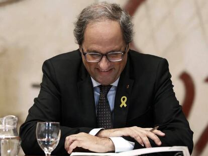 El presidente de la Generalitat, Quim Torra, esta mañana en la reunión semanal del Govern de la Generalitat.